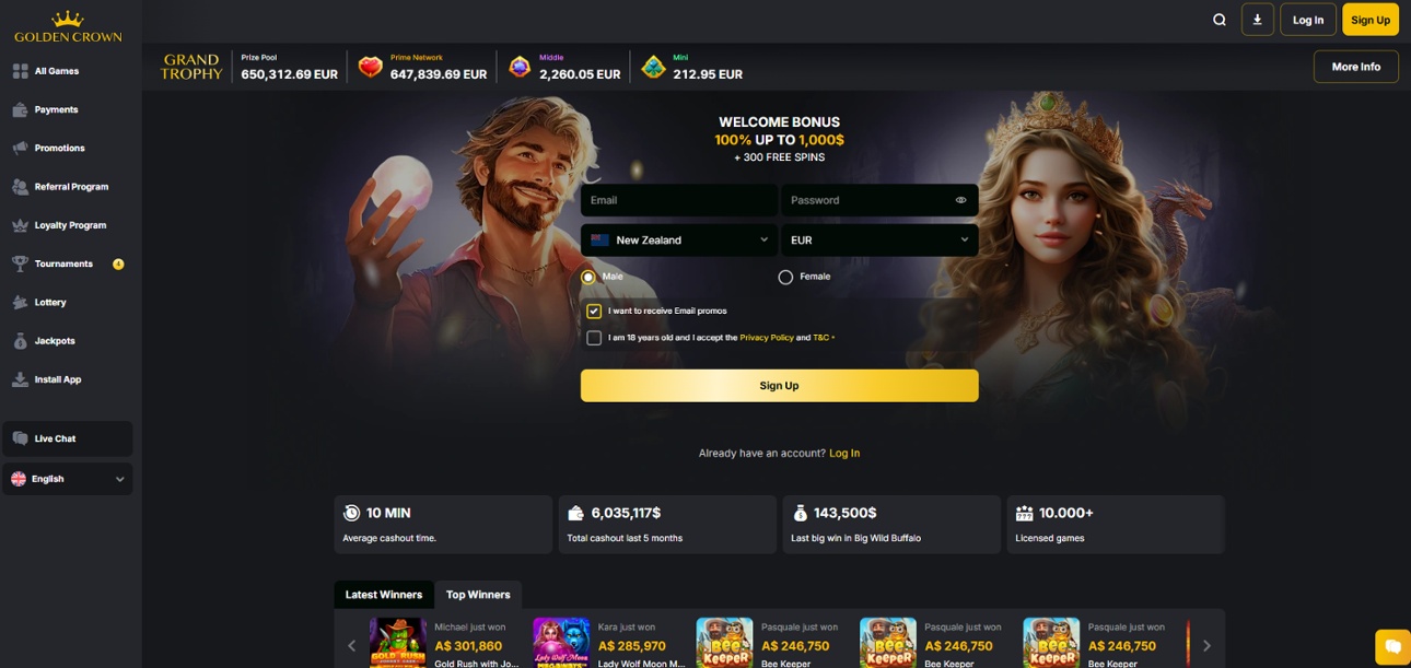 Golden Crown homepage showing the welcome bonus of 100% up to $1,000
